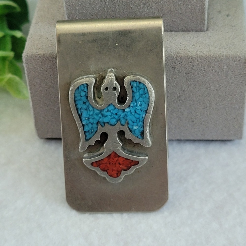 Nickel Silver Thunderbird Money Clip Turquoise Coral Chip Inlay Southwestern